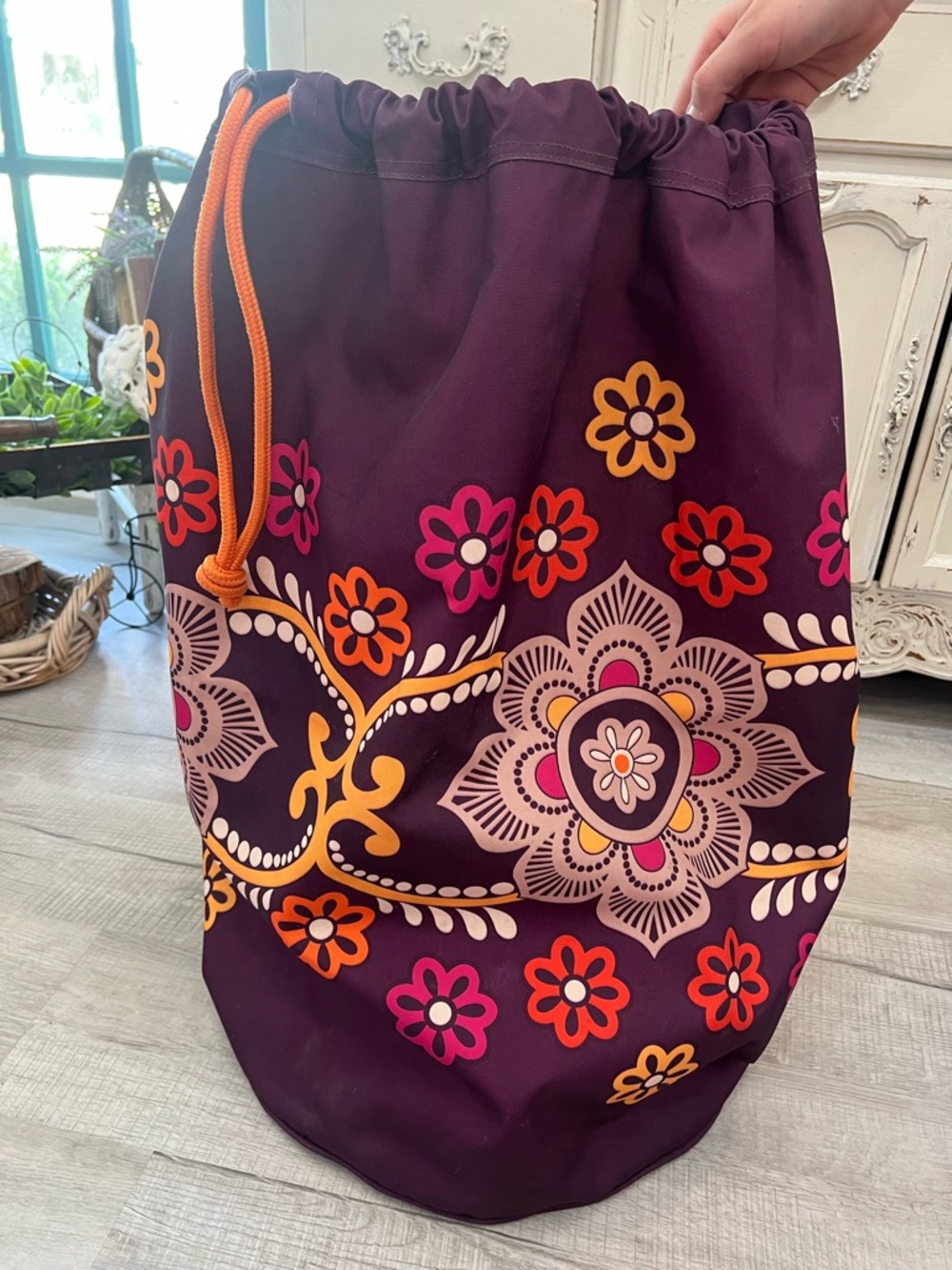 Vera Bradley Purple Floral Drawstring Duffel Bag with Orange Accents
